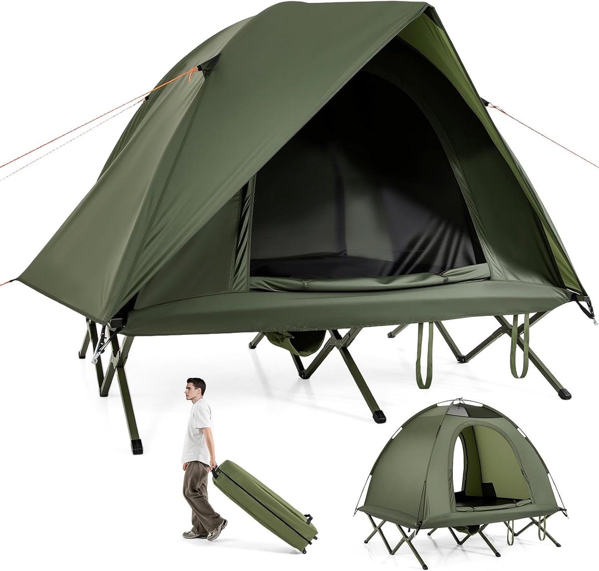 Campingbed met tent - Tweepersoons tentbed - Buiten slapen - Verhoogd slaapcomfort - 194 x 145 x 150 cm - Groen