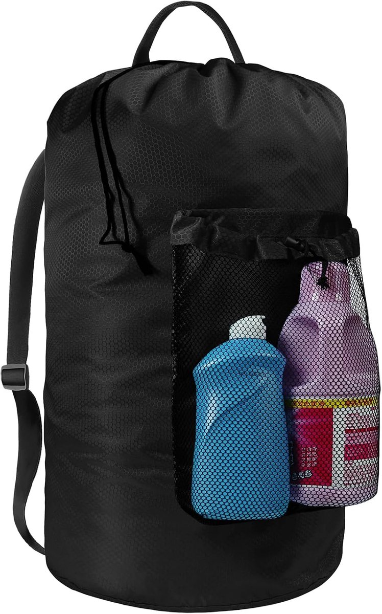 Rugzak Waszak, Wasrugzak met Schouderbanden en Gaasvak Duurzame Nylon Rugzak Kledingmand Zak met Treksluiting voor College, Reizen, Wasserette, Appartement - Zwart
