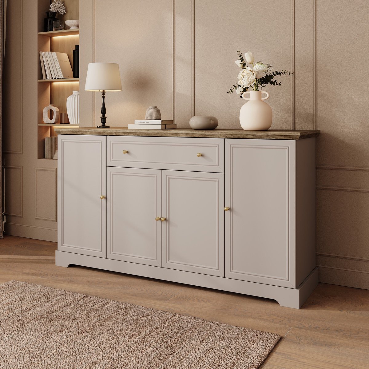 Meubella - Kresto - Dressoir - Beige/Eikenpatroon - 165x46x91 cm