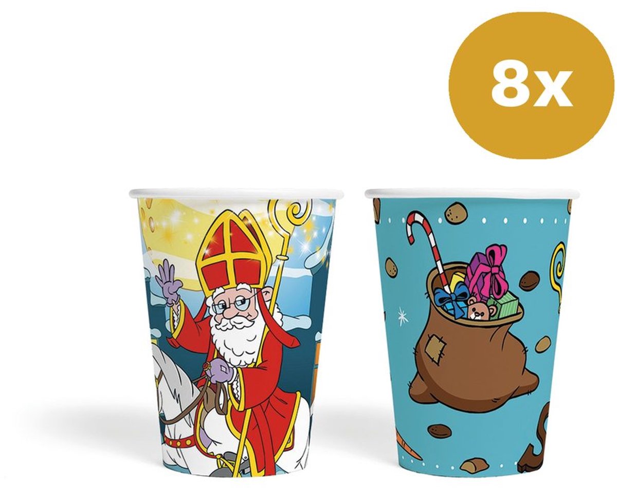 Sinterklaas Bekertjes 210ml FSC (8 Stuks) - Papieren Bekers Sint & Cadeauzak - Pakjesavond Tafelservies