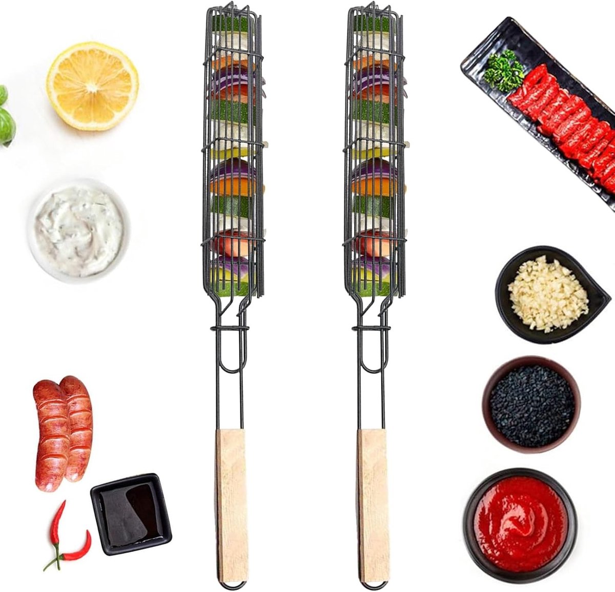 Set van 2 Antiaanbak Kabob Grillmanden voor Buiten, Ideaal voor Groenten, Vlees en Vis, BBQ Accessoires voor Perfecte Grillresultaten