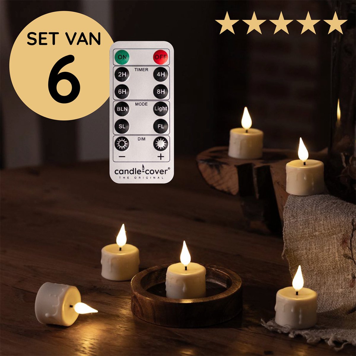 Candle-Cover - Set van 6 oplaadbare waxinelichtjes / theelichtjes - creme - realistische vlam - afstandbediening - dimmer - timer - oplaadstation - veilig