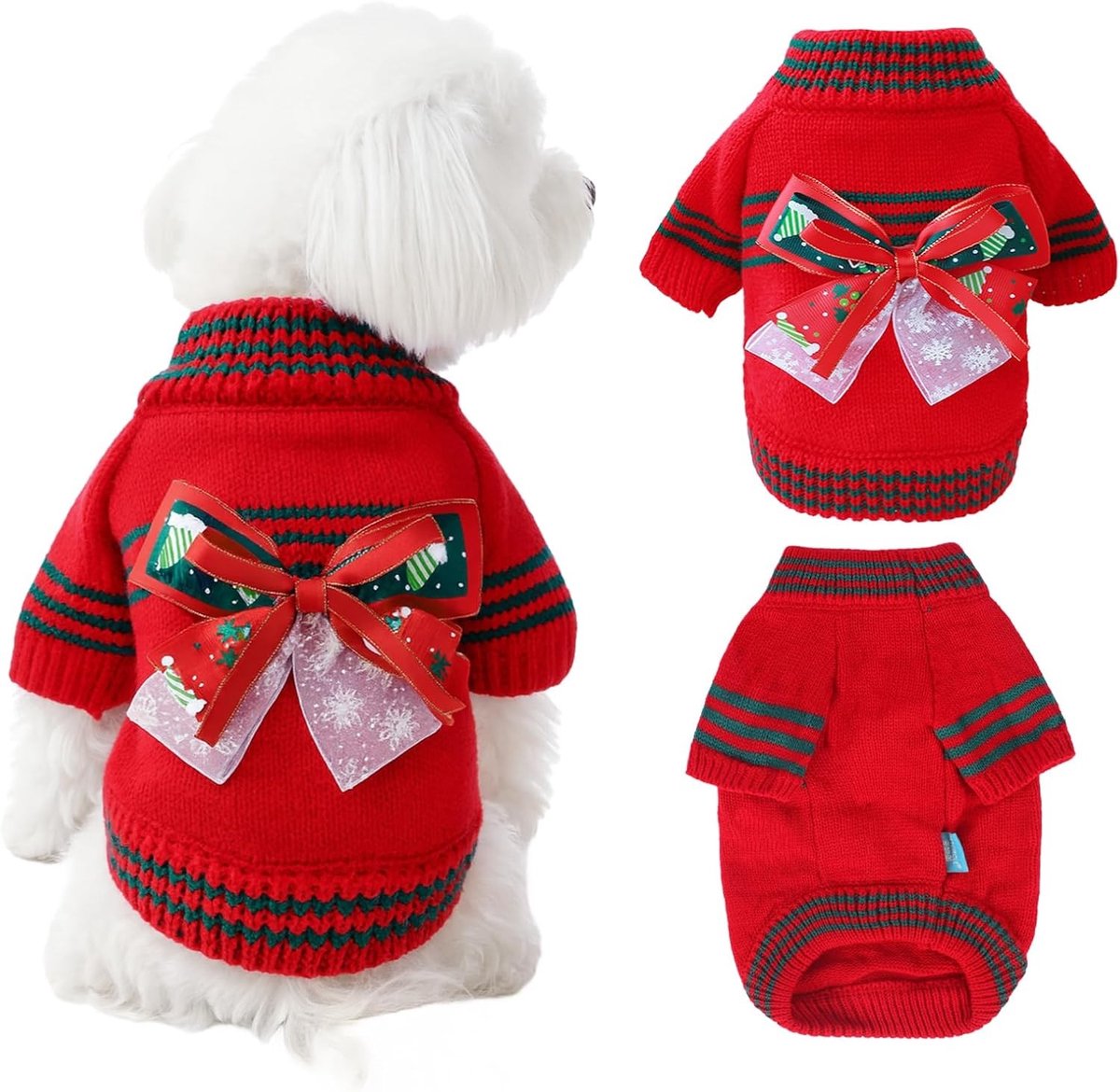 Warm honden- en kattentrui met strik, gebreid winteroutfit voor koud weer, ideaal voor kerst en kleine rassen zoals Chihuahua en Yorkie (Rood, XS)