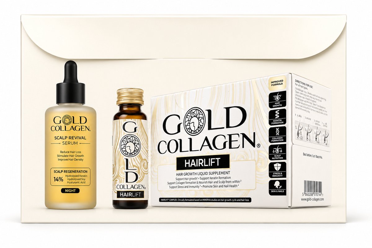 GOLD COLLAGEN Hairlift + Scalp Revival Serum - Perfecte combinatie voor het herstel van jouw haar - Vloeibaar gehydrolyseerd collageen peptiden en keratine samen met 100 ml serum ter bescherming hoofdhuid en haarwortel - Voeding van binnenuit