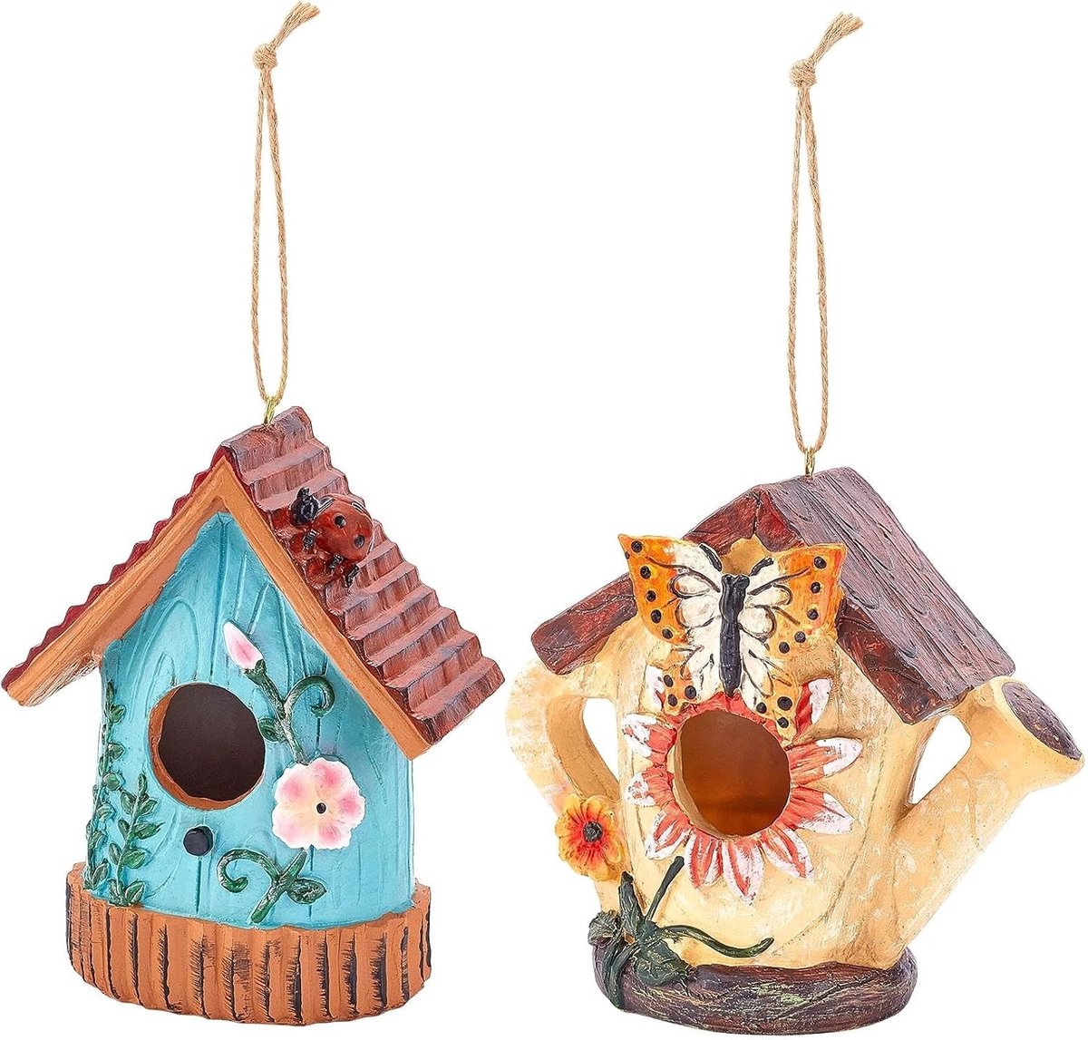Handbeschilderd decoratief vogelhuisje van hars, waterdicht en hangend, perfect voor wilde vogels in de tuin, op het terras of binnenplaats, set van 2 stuks