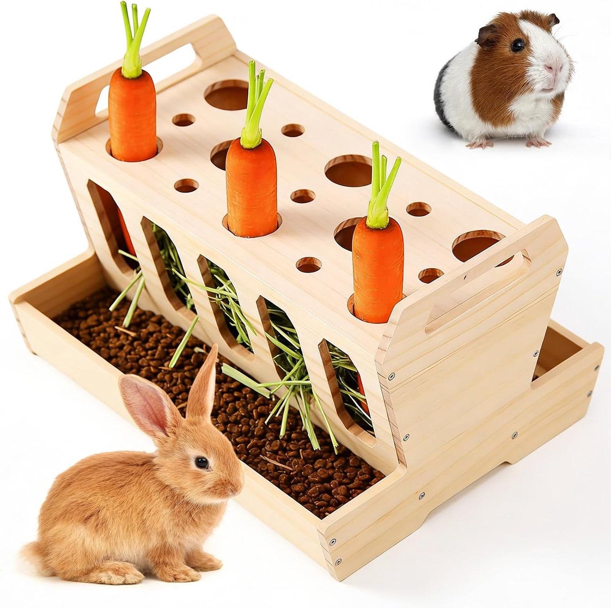 Hooiruif Konijn - Voerbak Cavia - Knaagdier Voeden - Geïntegreerde Wortelhouder - 30 x 20 x 18 cm - Natuurlijk Hout