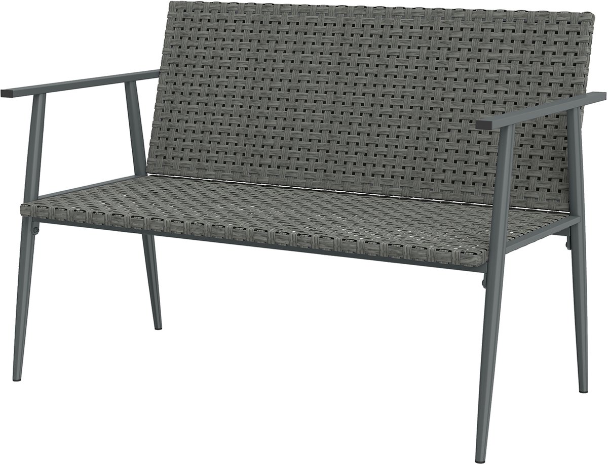 Tuinbank 2-zits - van gevlochten kunststof en staal - belastbaar tot 240 kg - 112 x 58 x 78 cm - met rugleuning en armleuningen een verstelbare poten bank - Grijs