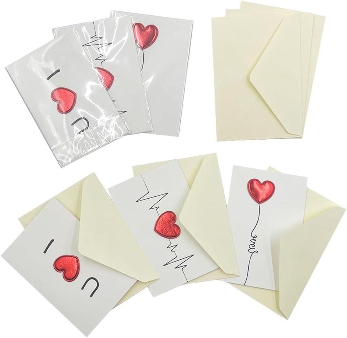 Wenskaarten Set - Liefdeskaarten Enveloppen - Gevoelens Uiten - 3D Hart Ontwerp - 6 Stuks 10x15cm - Wit Rood