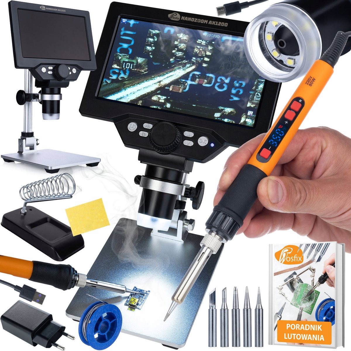 Rosfix Digitale Mikroscoop NanoZoom AX1200 ProSet - 7" LCD 12MP 1200x - Soldeerbout 80W 180–500°C