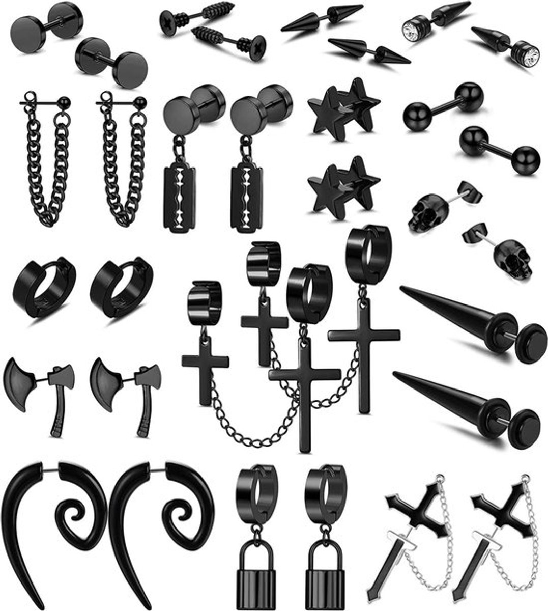 Oorbellen Set 16 Paar - Roestvrij Staal - Hypoallergeen - Punk Stijl - Schedel/Kruis - Lichtgewicht en Comfortabel - Sieraden