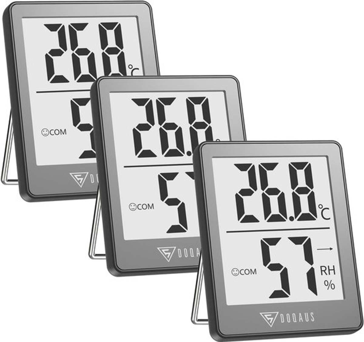 SnelShoppen - DOQAUS 3 x Digitale Thermometer en Hygrometer - Hoge Nauwkeurigheid - Temperatuur- en Vochtigheidsmeter voor Binnen - Compact - Met Smil