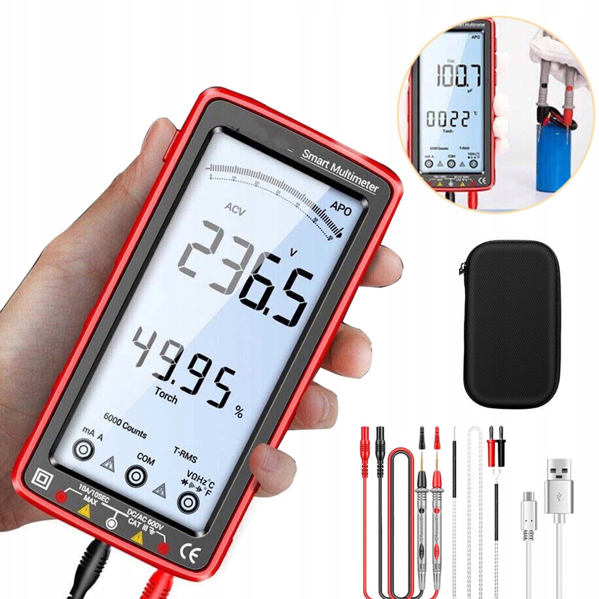 Slimme LCD Digitale Multimeter - 6000 Tellingen Wissel-/Gelijkspanning En -Stroom Weerstand Capaciteit Temperatuur NCV - Oplaadbare 2800mAh - Elektronica Labtool Voor De Start Van Het Schooljaar - Rood