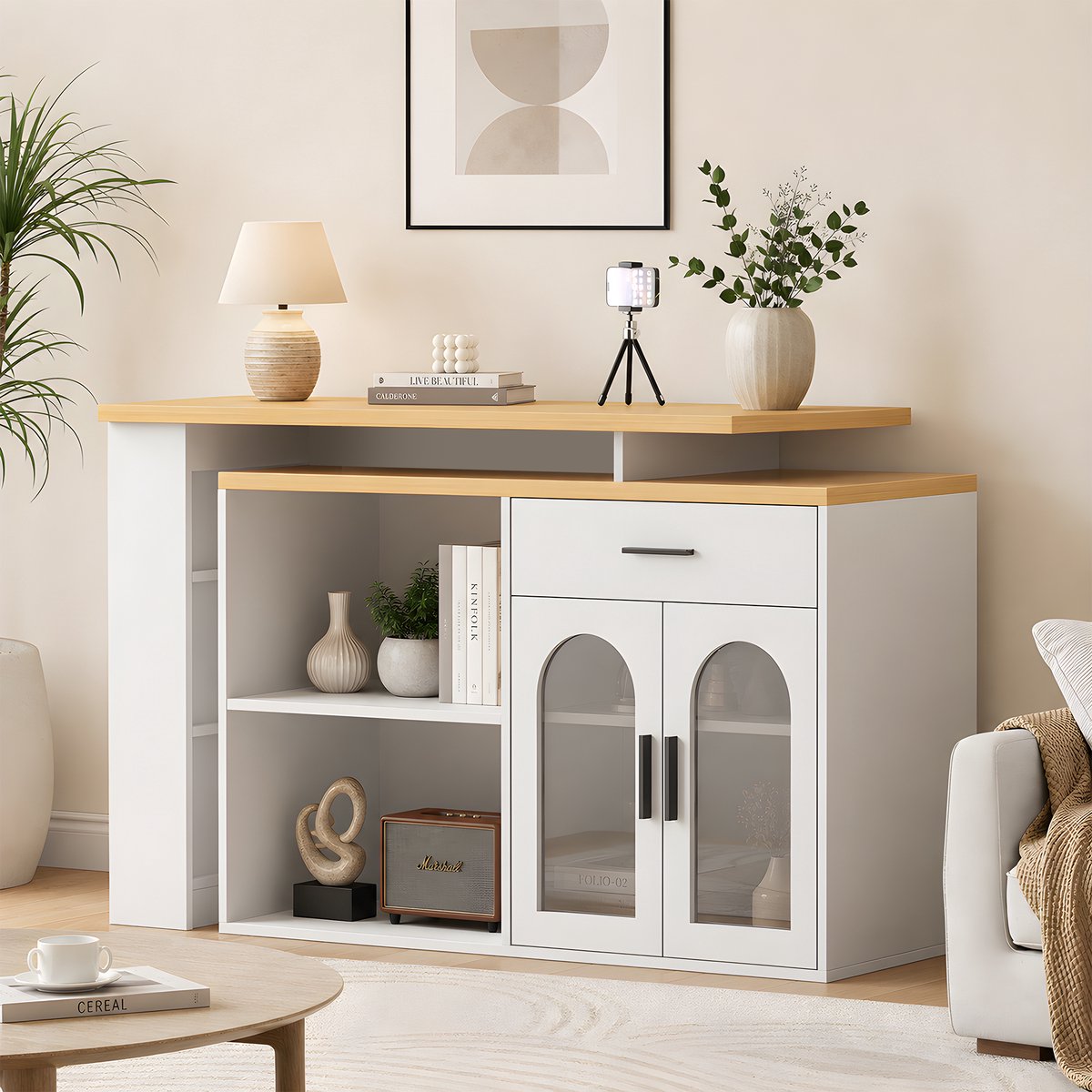 Pugsdrly Vast keukeneiland met 360° draaitafel, opbergkast, bartafel met lade en planken, keukensideboard met opbergplank voor eetkamer en huisbar, L-vormig bureau, wit