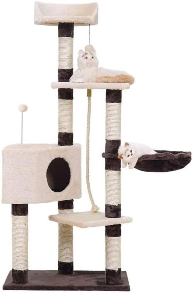 Kattenkrabpaal Meerdere Niveaus - Kattenboom Speeltoren - Katten Spelen Klimmen - Met Ruime Grot - 139cm Hoog - Grijs