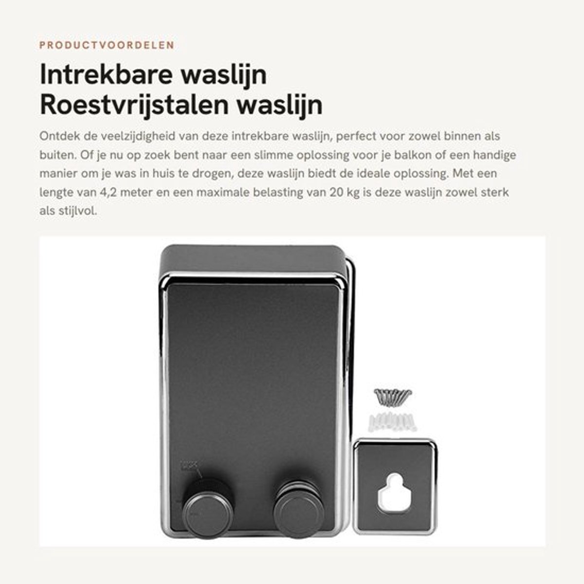 Waslijn Intrekbaar - Wandmontage - Roestvrij Staal - Duurzaam - Max. Belasting 20 kg - Lengte 4,2 meter - Kledingdroogrek