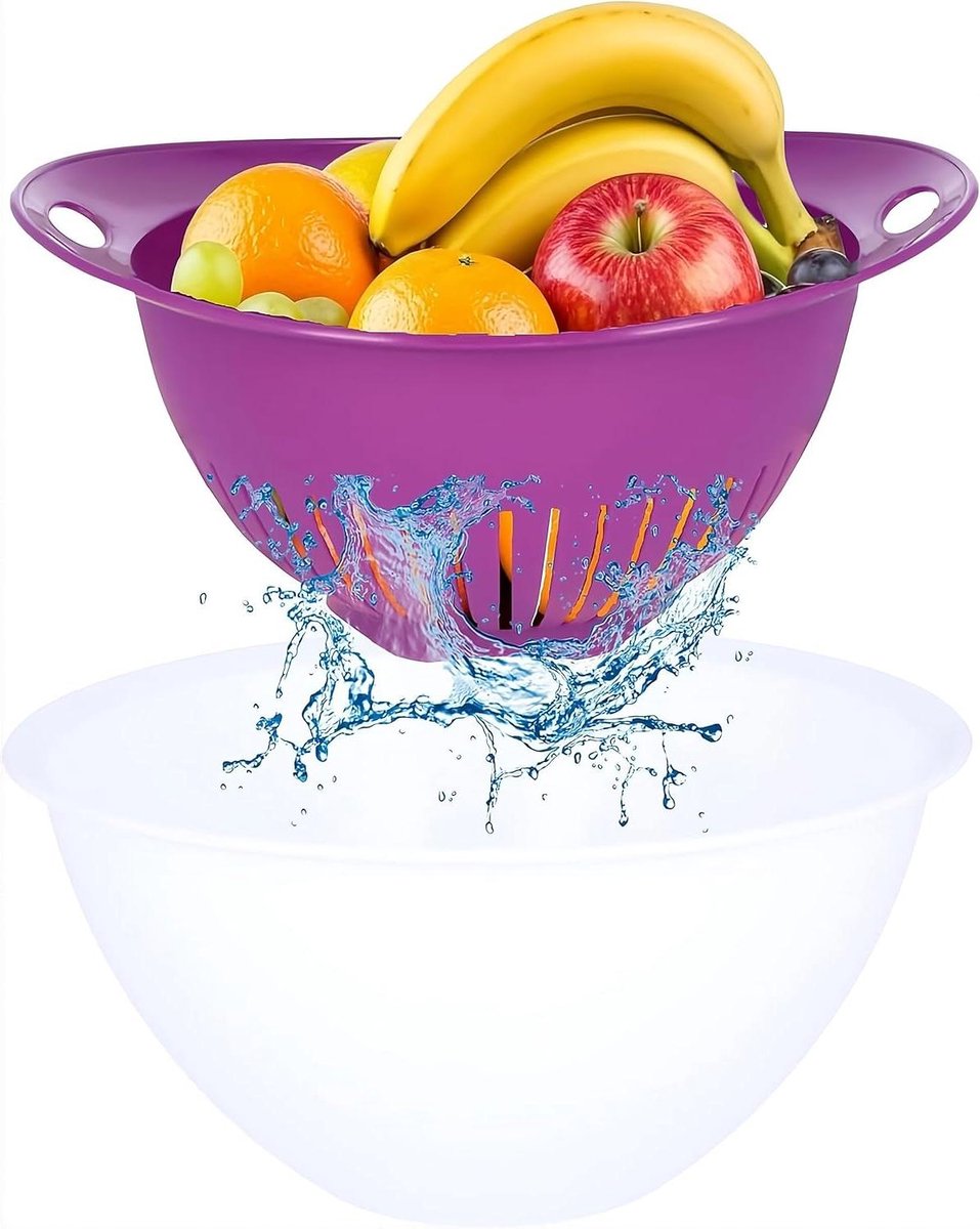 Keukenzeef met Kom - Afgieter Vergiet - Groenten Wassen - 2-in-1 Ontwerp - 2 Liter - Paars Wit