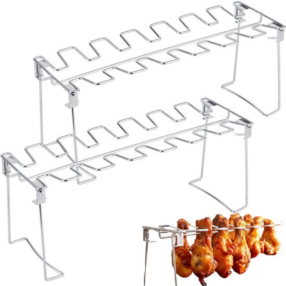 Grillrek Roestvrij staal - Opvouwbaar - Vaatwasmachinebestendig - 2 Stuks - Voor BBQ/Picknick - Perfecte oplossing voor kippenvleugels - Barbecue Rek