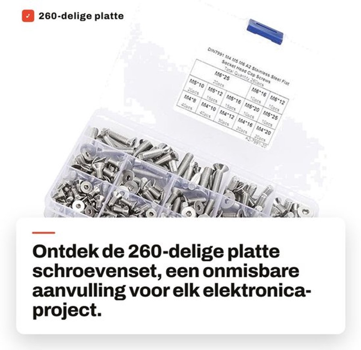 260-delige platte schroevenset - Roestvrij staal - Duurzaam en veelzijdig - Geschikt voor elektronica - Inclusief plastic opbergdoos - M6...