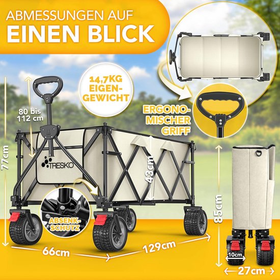 Bolderkar Opvouwbaar - Handwagen Transportwagen - Spullen Vervoeren - Extra Brede Banden - 300 liter - Beige — afbeelding 5