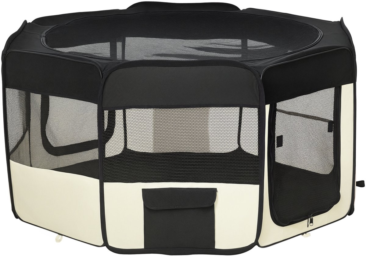 Opvouwbare Achthoekige Huisdier Box - voor Katten en Honden en kleine dieren - Oxford-stof en staal - diameter 120 x 58 cm - Zwart en crèmekleurig