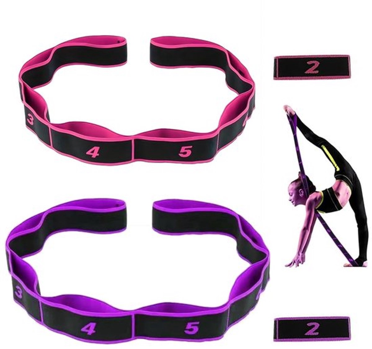 Yogaband Set van 2 - Elastische Weerstandsbanden - Fitnessbanden - Stretching/Pilates - Hoogwaardig Elastisch Materiaal - Geschikt voor Diverse Oefeningen - Weerstandsband