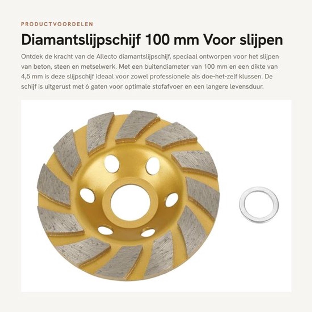 Diamantslijpschijf 100 mm - Slijpschijf voor beton - 6 gaten - Dikte 4,5 mm - Binnendiameter 22,23 mm - Duurzaam slijpresultaat