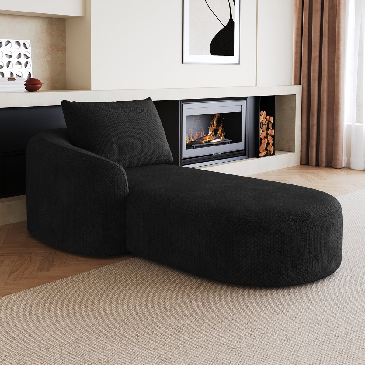 Wishdor Slaapbank 168 cm - Linkszijdige lounger - 1-zits - chenille stof - zwart - 168 x 106 x 85 cm - geen montage vereist
