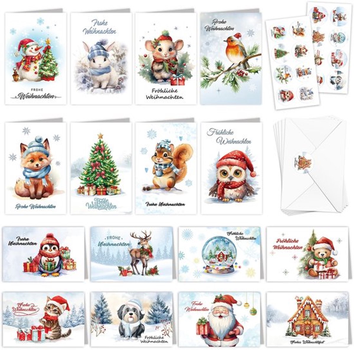 Kerstkaarten set van 16 stuks - winterkerstkaarten - aquarel dieren - vrolijk kerstfeest - hert/vos/konijn/eekhoorntje - inclusief enveloppen/stickers - Feestkaarten