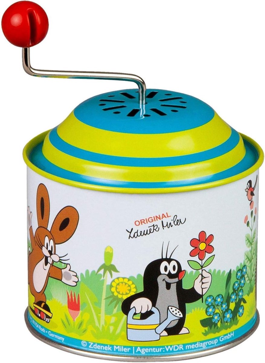 Roterende muziekdoos - Metalen - 7,5 x 7,5 x 10,5 cm - Met lente melodie en mol motief - Voor kinderen vanaf 18 maanden