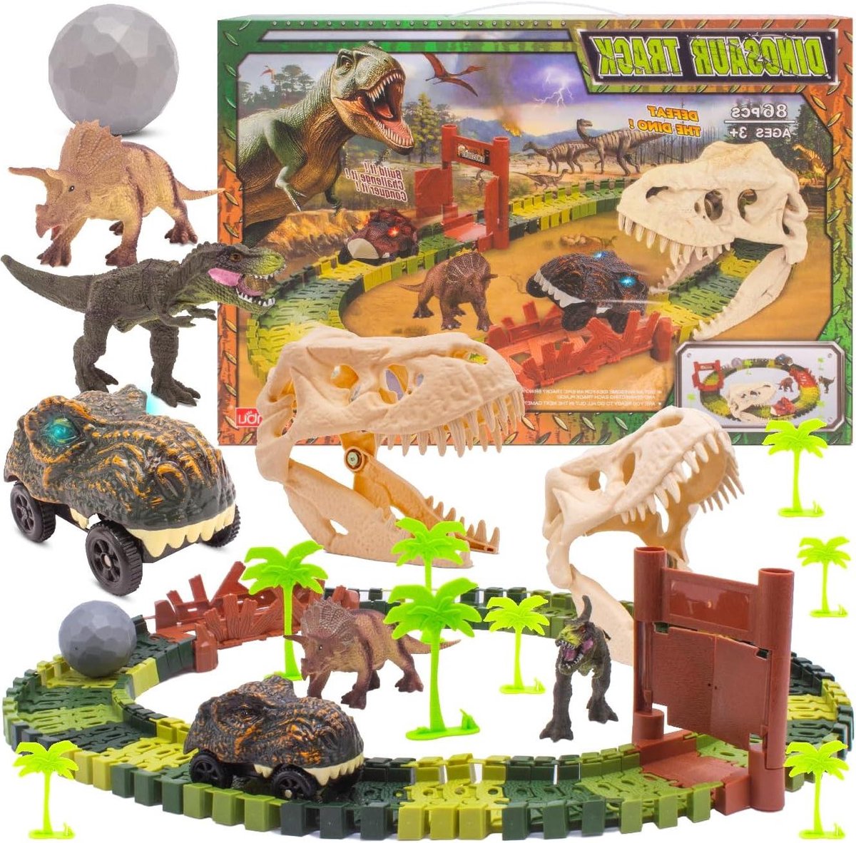 Dino Racebaan - Dinosaurussen Speelgoed - Kinderen Spelen - 86 Delige Set - 129 cm Lengte - Multicolor