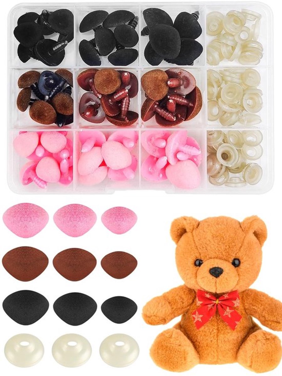 Veiligheidsneus 54 Stuks - 3 Maten - Zwart/Bruin/Roze - Flocking - Kunststof - Inclusief Doos - Knuffeldier Neus