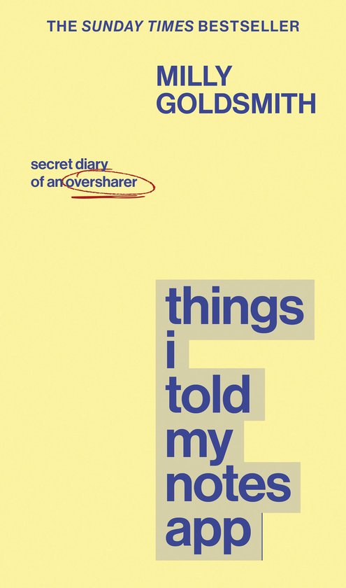 Boek "things i told my notes app" van Milly Goldsmith, met gele achtergrond en blauwe tekst.