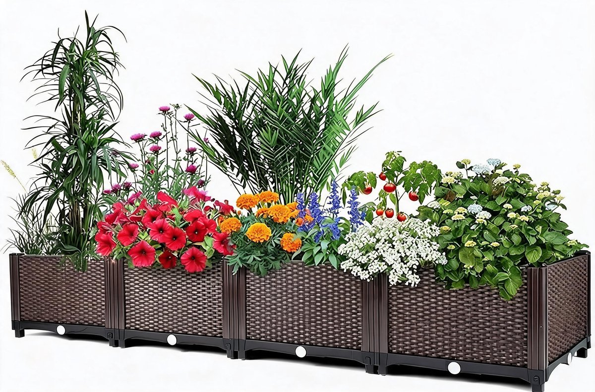 Danky enkel laag vier modules PP plantenbak bruin, diepe verhoogde tuinbak met afvoerpluggen, zelfbewaterend voor groenten en bloemen