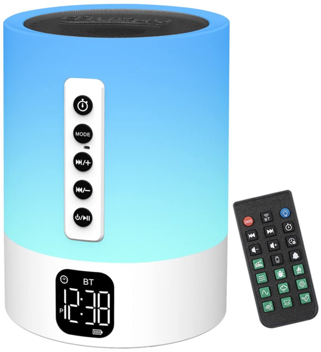 Bluetooth Speaker met Wekker en LED Nachtlampje - 6-in-1 White Noise Machine en Slaaphulp, Dimbare Nachtlamp met 48 Kleuren, Digitale Wekker met Snooze, MP3-Speler en Handsfree Bellen