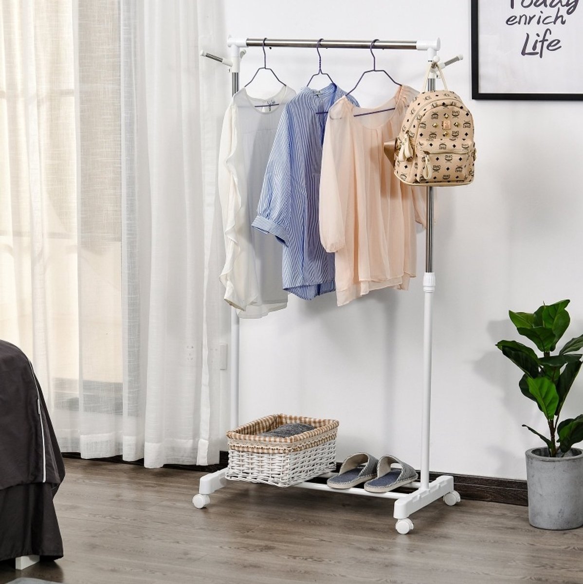 MIVRAY Kledingrek – Verstelbaar En Verrijdbaar – 68,5 x 42 x 87-145 cm – RVS – Wit – Met Onderplank En Haken Voor Hal Of Slaapkamer