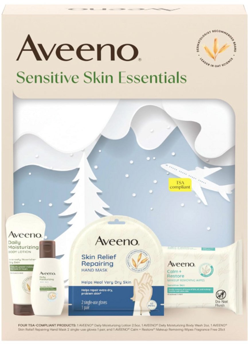 Aveeno Sensitive Skin Essentials Gift Set 4-Delig – Body Lotion, Body Wash, Makeup Remover Wipes & Hand Mask – Met Haver – Voor Droge & Gevoelige Huid