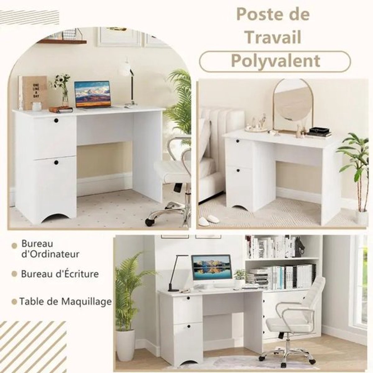 Computerbureau met 2 laden Compact laptopbureau Multifunctioneel werkstation Wit