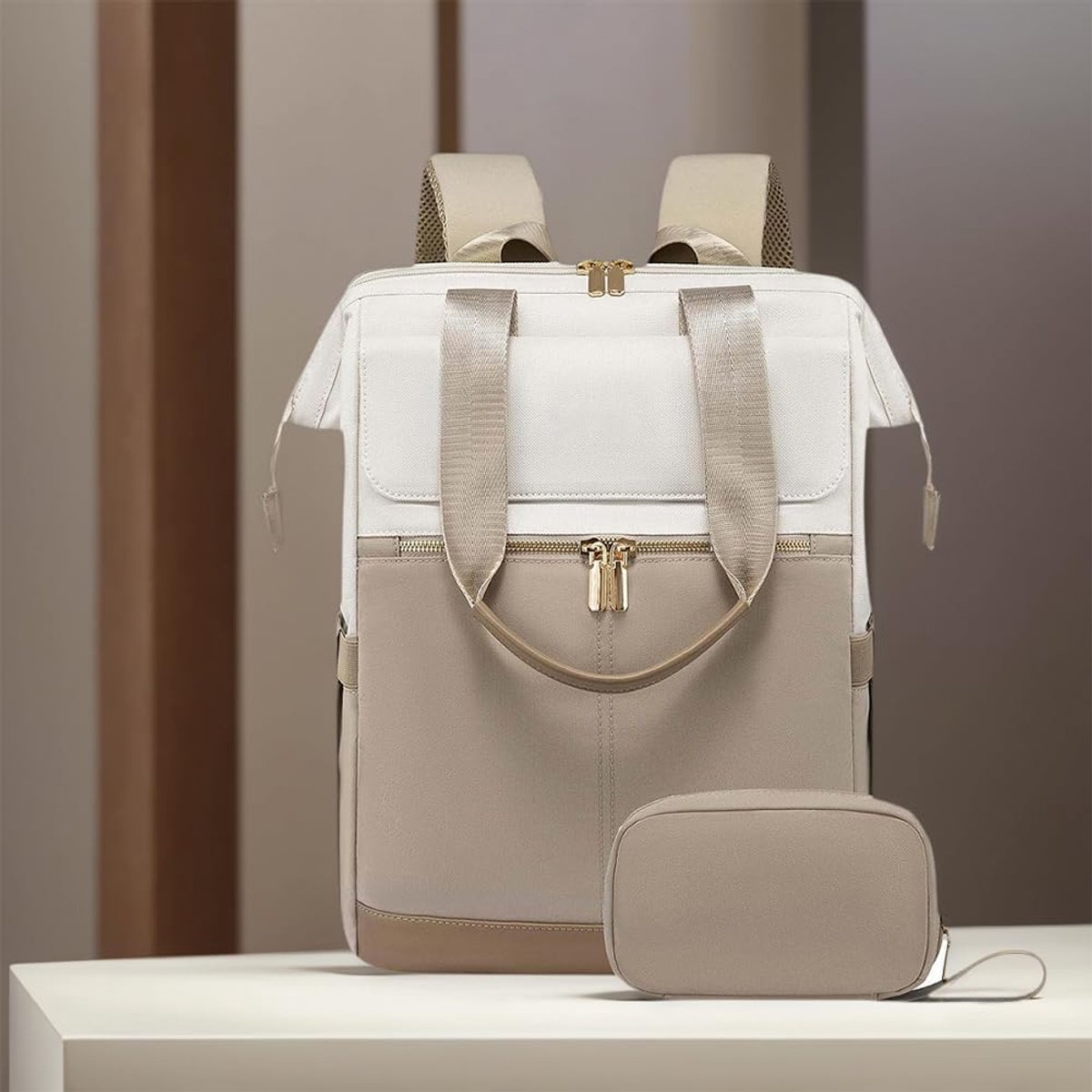 KZQ Laptoprugzak voor dames, waterdicht, met organizer, grote inhoud, geschikt als handbagage-lichtbruin