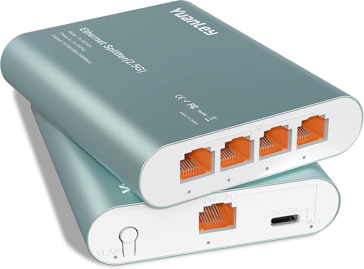 Netwerksplitter - Zwart - 1 in 4 Uitgangen - Aluminium Behuizing - Voor 2,5G Ethernet Netwerken