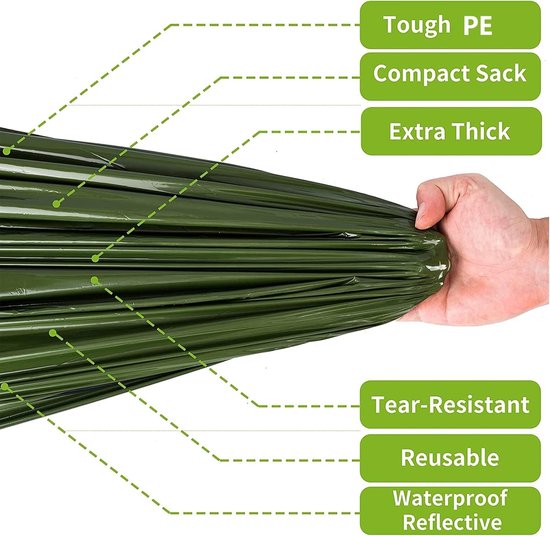 Noodpakket - Groen - 2 stuks - Ultralichte Mylar Slaapzak en Reddingsdeken - Voor Outdoor en Survival — afbeelding 3