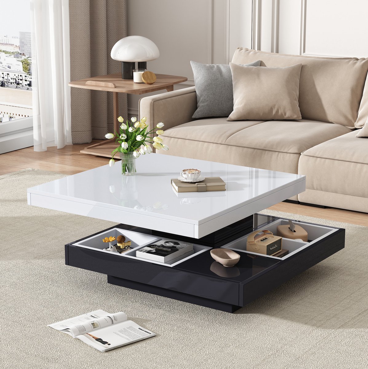 DESMIU Salontafel - Hoogglans Draaibare Bovenplaat Met Opbergruimte - Voor Woonkamer En Interieur - Spaanplaat - Wit Zwart - 70x70x36 Cm