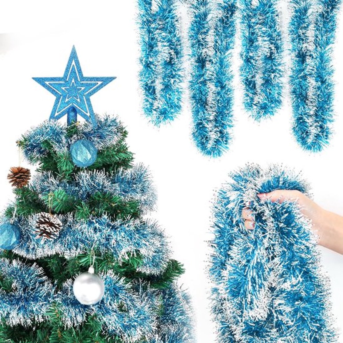 Kerstslinger 6 stuks - 2 meter - Blauw/Zilver - PVC - Kerstdecoraties - Duurzaam - Flexibele binnendraad - Kerstdecoratie
