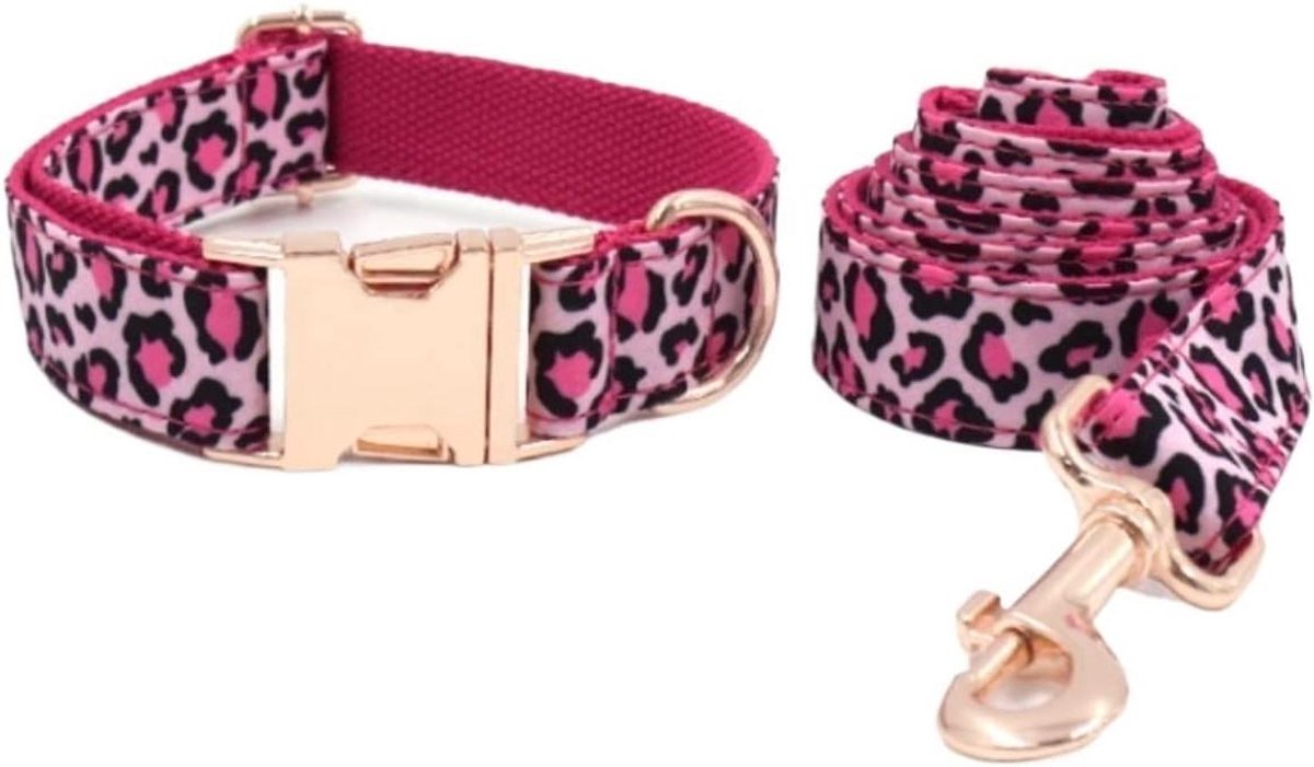 Hondenriem Halsband - Huisdier Accessoires - Dagelijkse Wandelingen - Uniek Luipaardprint Ontwerp - 23-30cm - Roze