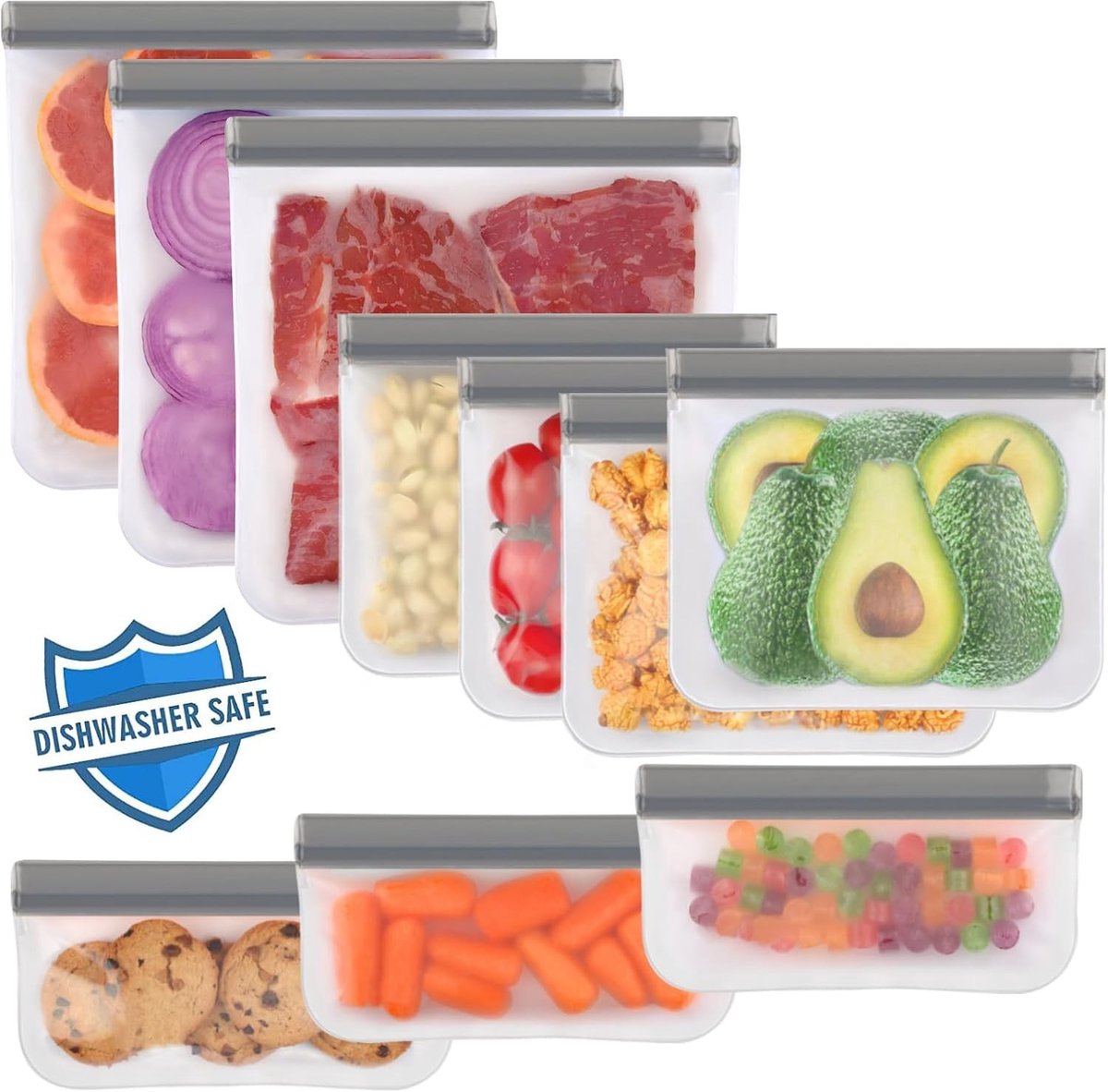 Herbruikbare Diepvrieszakken - Grijs - 3 Gallon, 4 Sandwich, 3 Snack - Food-grade Materiaal en Vaatwasmachinebestendig - Voor Voedselopslag