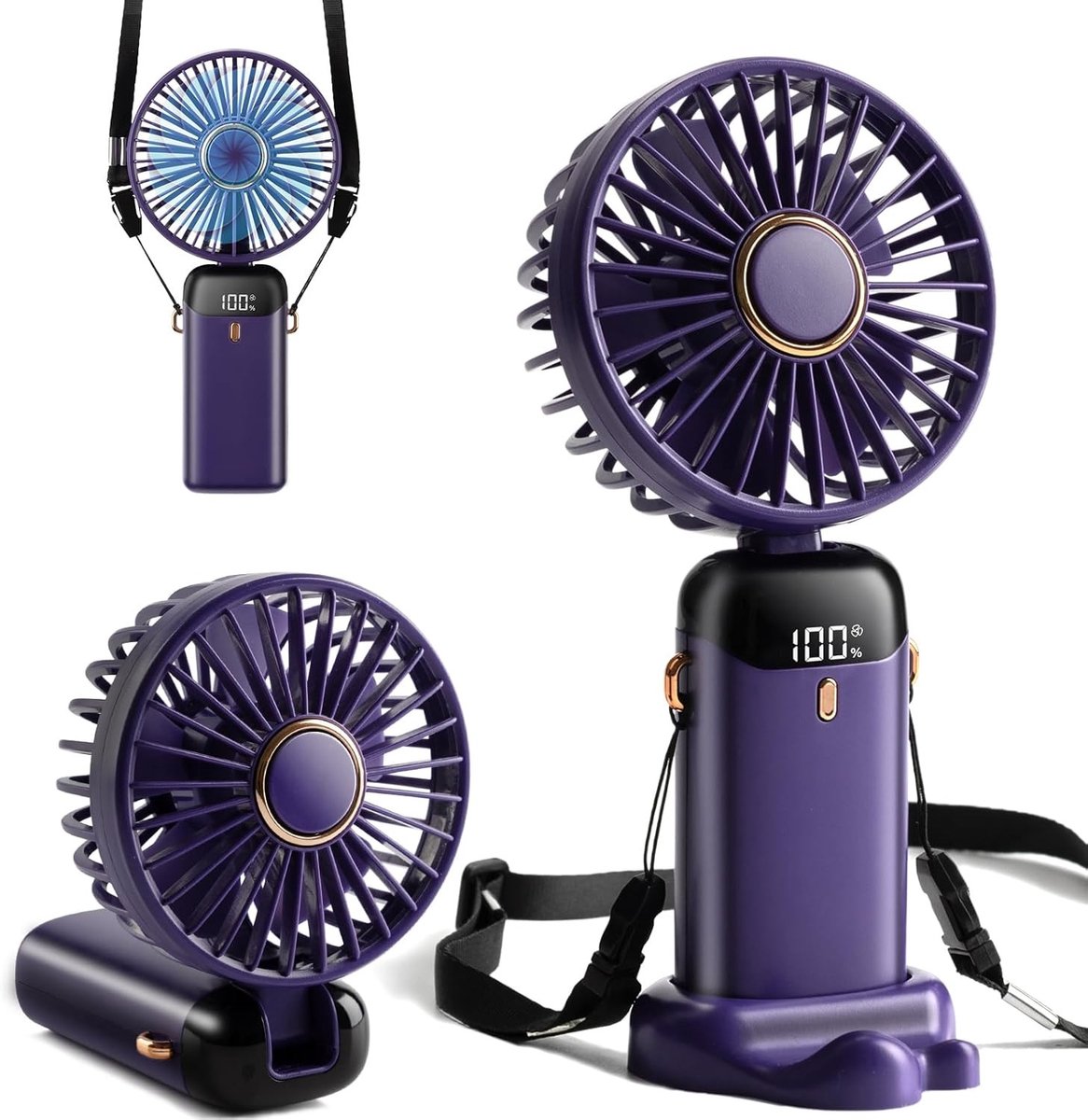 Nekventilator - Paars - 90° Opvouwbaar - Oplaadbare Mini Handventilator met 5 Snelheden en Digitaal Display - Voor Dames