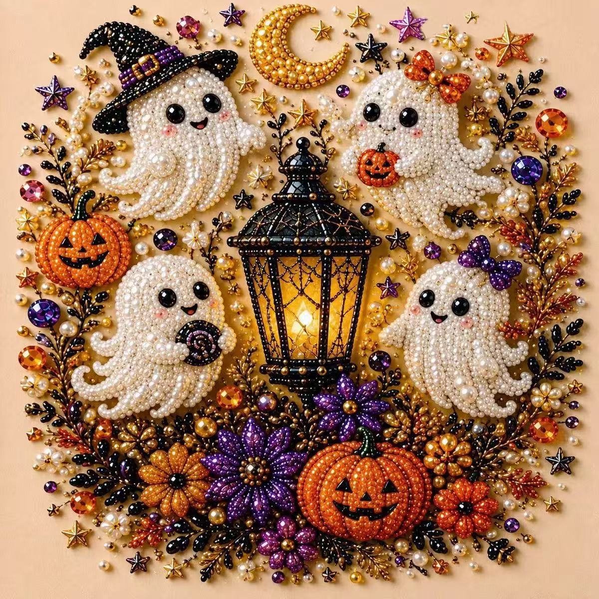 Halloween Diamantschilderset - 3D Geest Parelkunst - Zonder lijst - Spookachtig Schattig Motief - DIY Herfst Wanddecoratie - Cadeau voor Feestdagen - Volledige Set - Creatief en Ontspannend - Woondecoratie - Meerkleurig