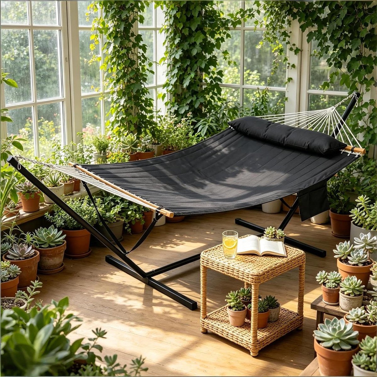 Dubbele Hangmat - Hangmat met frame - Ontspannen in de tuin - Hoge stabiliteit - 200x140 cm - Antraciet