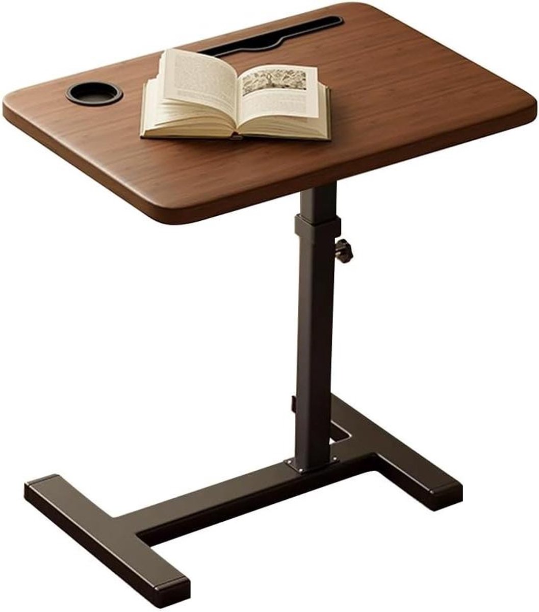 Bijzettafel met Wielen - Bedtafel C-vormig - Werken en Eten - In Hoogte Verstelbaar - 60x40x63-103cm - Walnoot