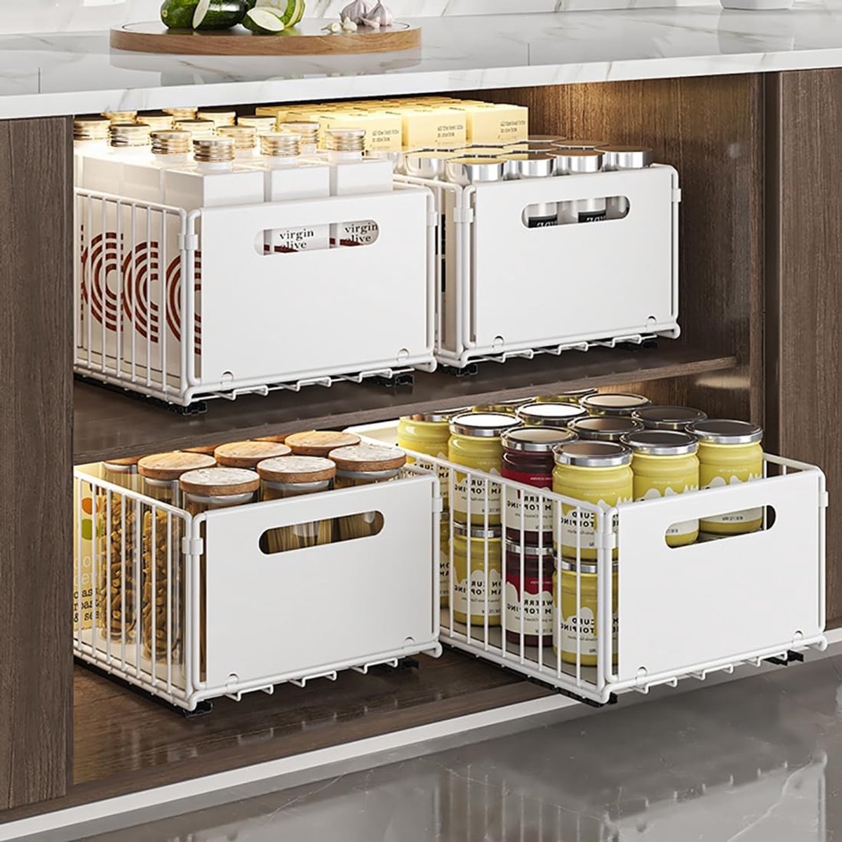 Uitbreidbare Keukenorganizer met 4 Blokken, 38x25x19 cm | Uittrekbare Opberglades, Opslagplanken, Ideaal voor Keuken en Pantry, Geen Boren of Nagelen Nodig