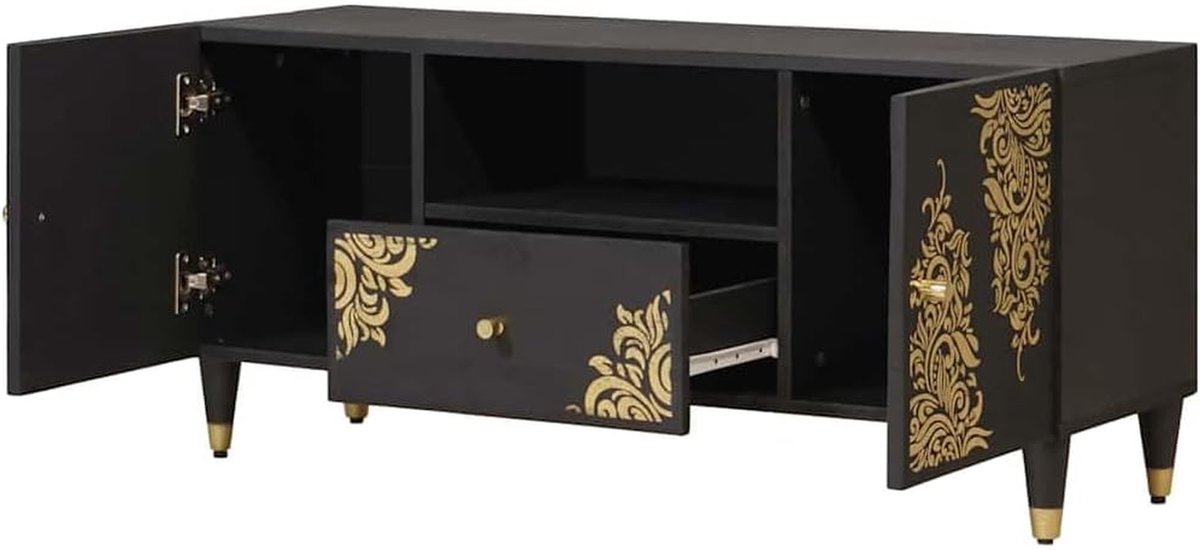 TV-kast Mangohout - Dressoir Kast - Woonkamer Opbergen - Gouden Print Design - 105 x 33 x 46 cm - Zwart